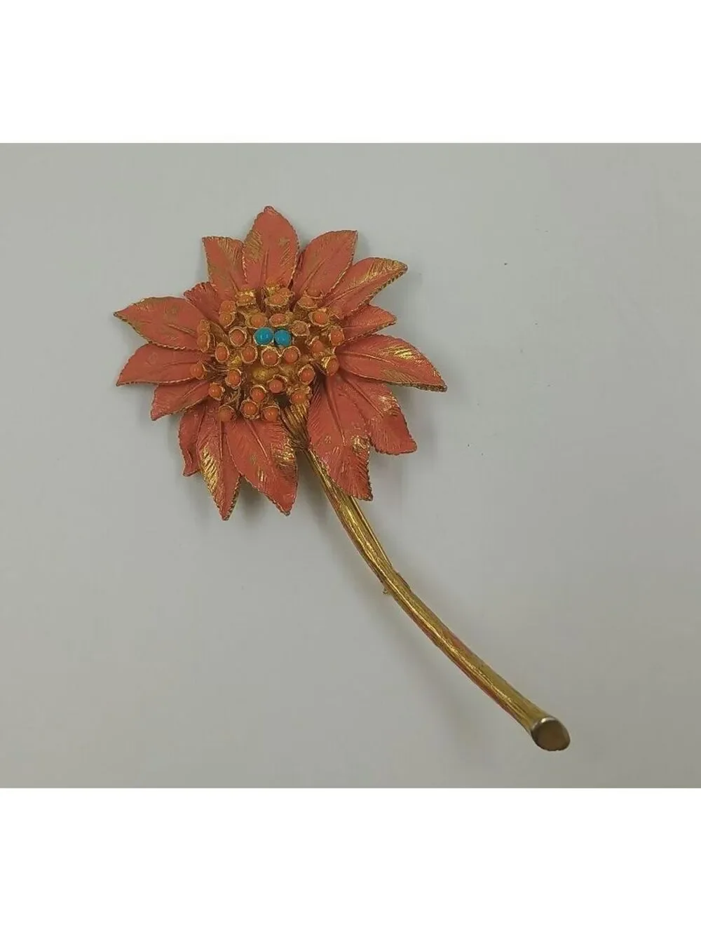 Vintage Orange and Gold Floral Brooch with Turquoise Accents